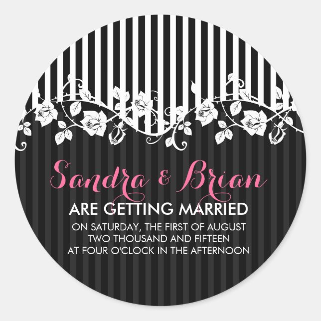 Black And White Stripes & Floral Lace Classic Round Sticker (Front)