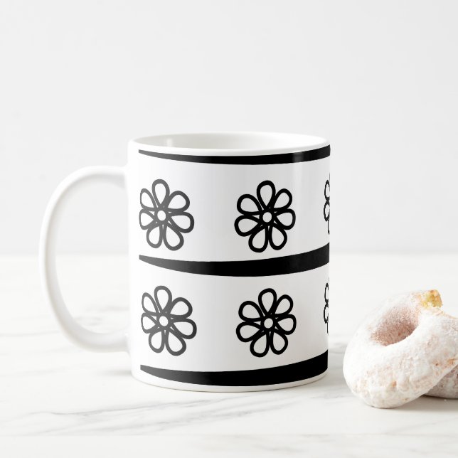 Black and White Stripes Floral Pattern   Coffee Mug (With Donut)