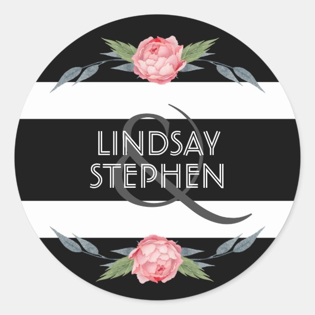 Black and White Stripes Floral Wedding Classic Round Sticker (Front)