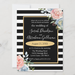 Black and White Stripes Flowers Roses Wedding Inv Invitation