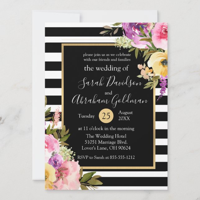 Black and White Stripes Flowers Roses Wedding  Invitation (Front)