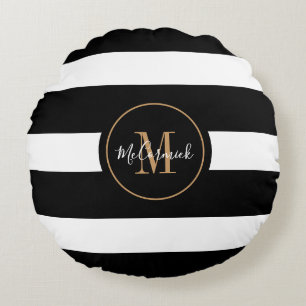 Black And White Stripes Gold Family Monogrammed Round Pillow