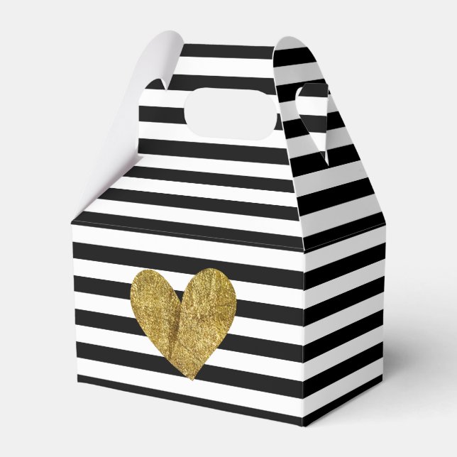 Black and White Stripes Gold Heart Favor Box (Front Side)