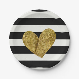 Black and White Stripes Gold Heart Paper Plate
