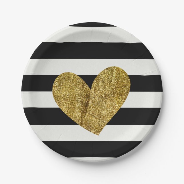 Black and White Stripes Gold Heart Paper Plate (Front)