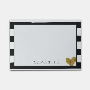 Black and White Stripes Gold Heart Post-it Notes