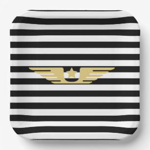 Black and white stripes & gold pilot wings  paper plate