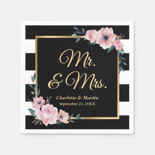 Black and White Stripes Gold Pink Floral Wedding Napkin