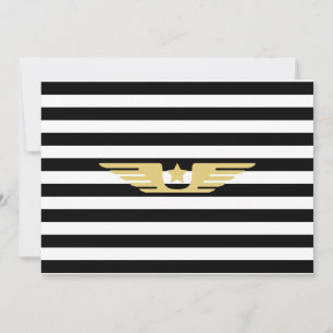 Black and white stripes & gold star & pilots wings invitation