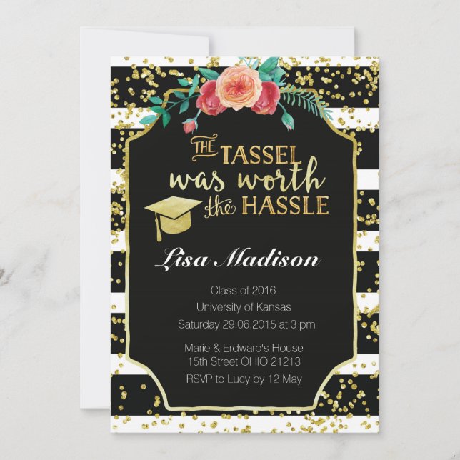 Black and White Stripes graduation Invitation (Front)