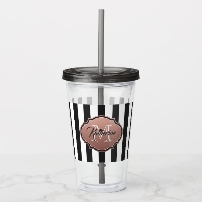 Black and White Stripes Monogram Acrylic Tumbler (Front)
