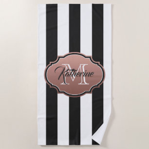 Black and White Stripes Monogram Beach Towel