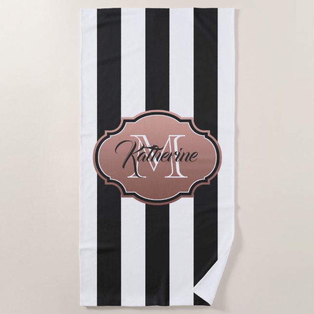 Black and White Stripes Monogram Beach Towel (Front)