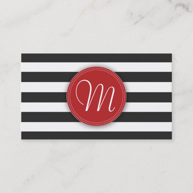 Black and White Stripes Monogram Business Card (Front)
