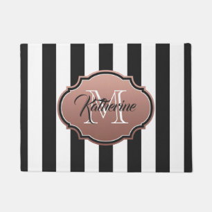 Black and White Stripes Monogram Doormat