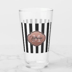Black and White Stripes Monogram Glass
