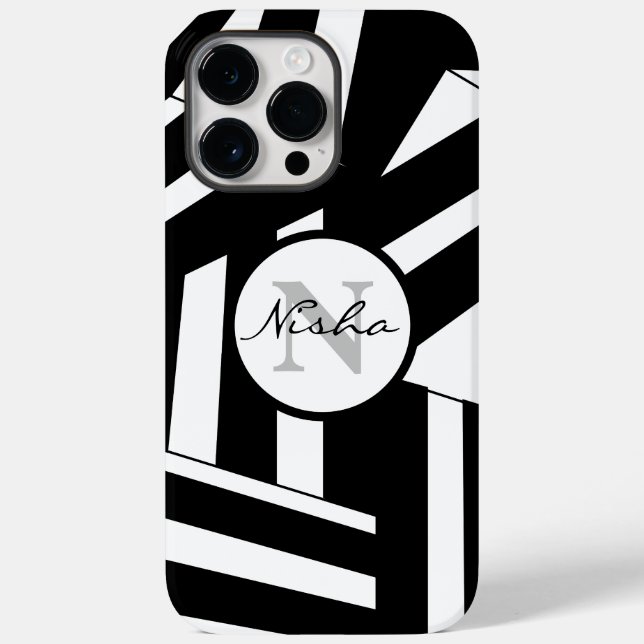 Black and White Stripes Monogram Name Case-Mate iPhone Case (Back)