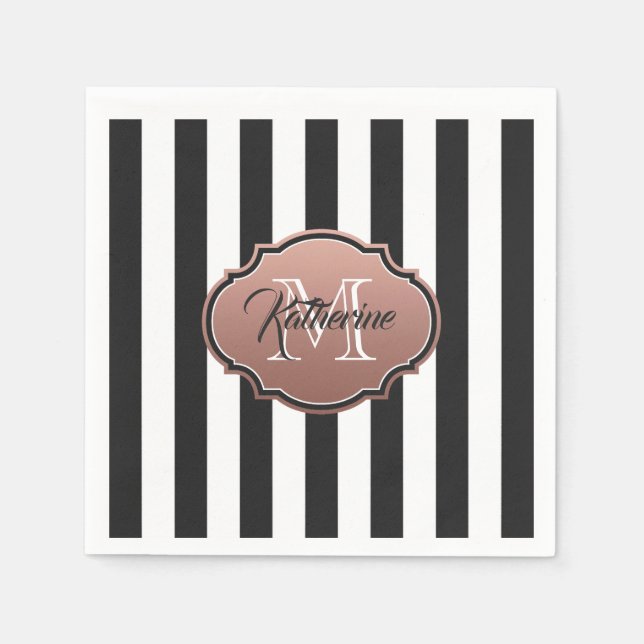 Black and White Stripes Monogram Napkin (Front)
