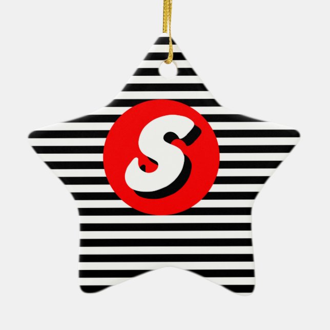 Black and white stripes Monogram S. Ceramic Ornament (Back)