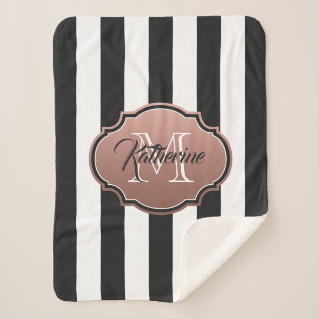 Black and White Stripes Monogram Sherpa Blanket (Front)