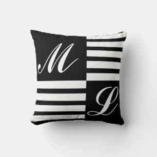 Black and White Stripes Monogram Throw Pillow