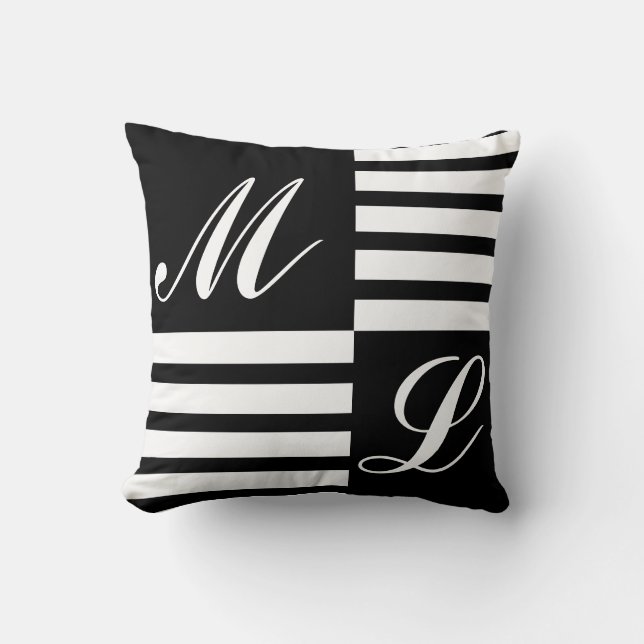 Black and White Stripes Monogram Throw Pillow (Front)