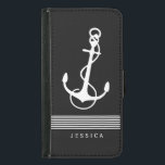 Black And White Stripes & Nautical Boat Anchor Samsung Galaxy S5 Wallet Case<br><div class="desc">White nautical boat anchor with decorative white stripes and customizable monogram,  over black background. If you need any help customizing any of my designs,  contact ArtOnWear designer. Free text formatting with live help available by request.</div>