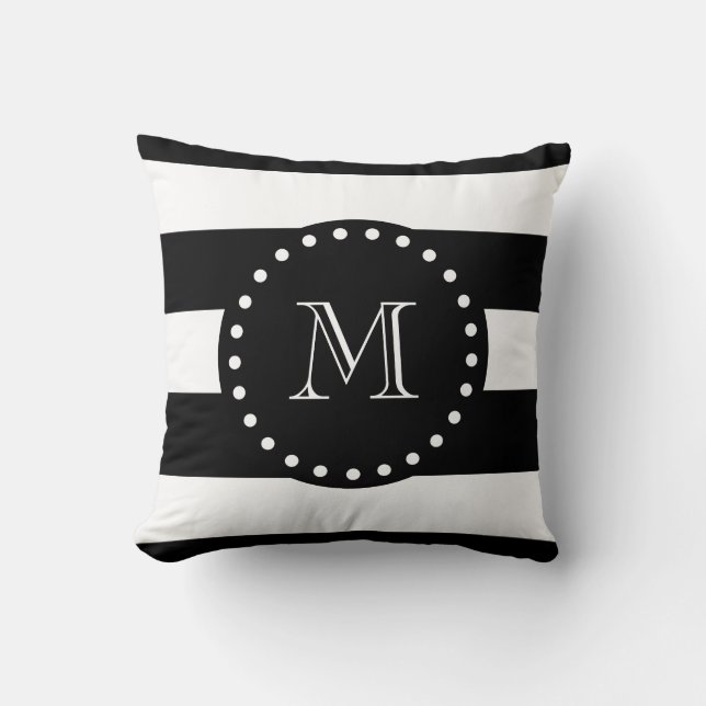 Black and White Stripes Pattern, Black Monogram Throw Pillow (Front)