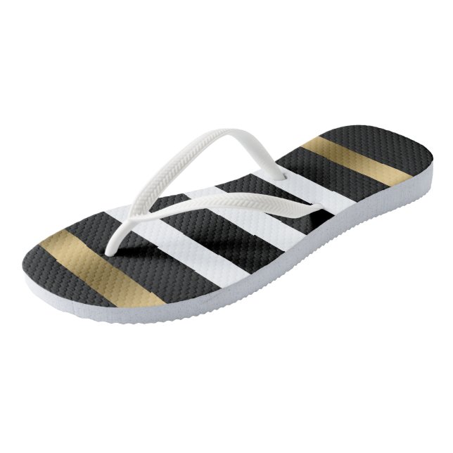 Black and white stripes pattern gold accents bath  flip flops (Angled)