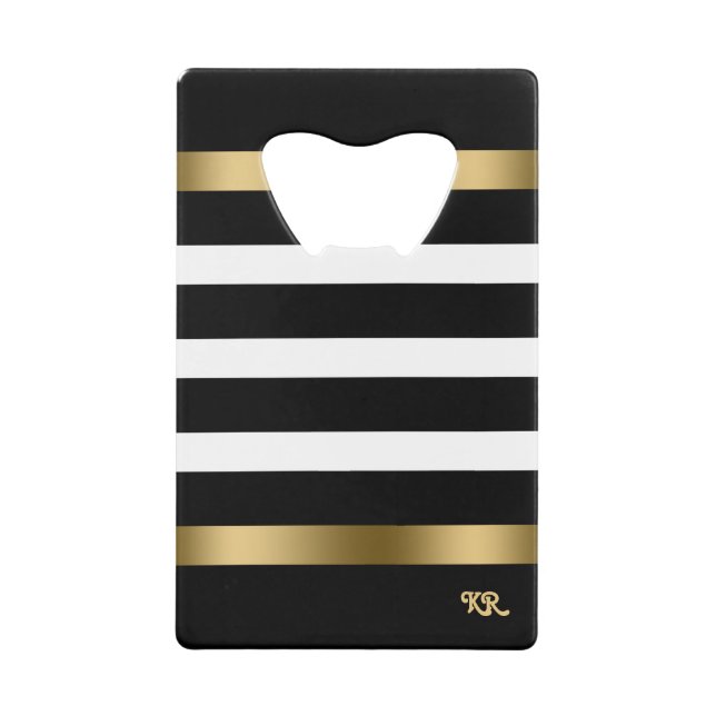 Black and white stripes pattern gold accents credit card bottle opener (Front)