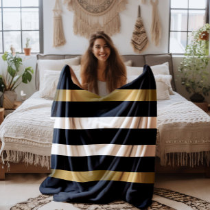 Black and white stripes pattern gold accents fleece blanket