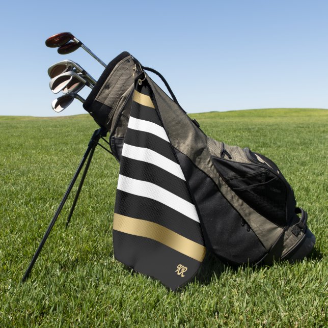 Black and white stripes pattern gold accents golf towel (Green)