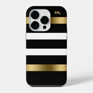Black and white stripes pattern gold accents iPhone 14 pro case