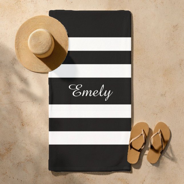 Black And White Stripes Pattern Name Beach Towel (Custom Name Modern Black And White Stripes Pattern Beach Towel)