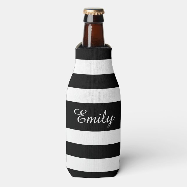 Black And White Stripes Pattern Name Print Bottle Cooler (Bottle Front)