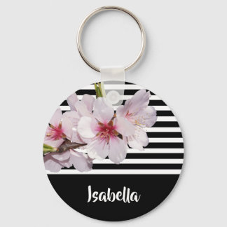 Black and white stripes pink cherry flowers name keychain