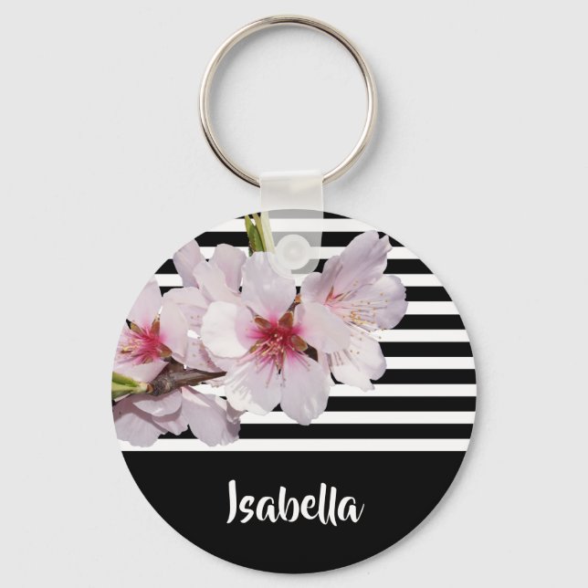 Black and white stripes pink cherry flowers name keychain (Front)