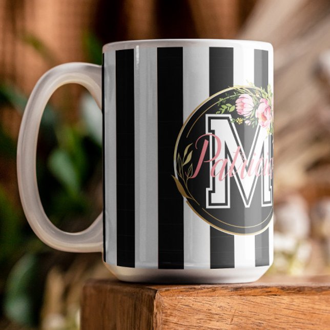 black and white Stripes pink Floral monogram Coffee Mug (Creator Uploaded)