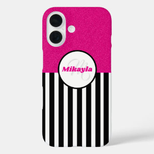 Black and White Stripes Pink Glitter Texture iPhone 16 Case