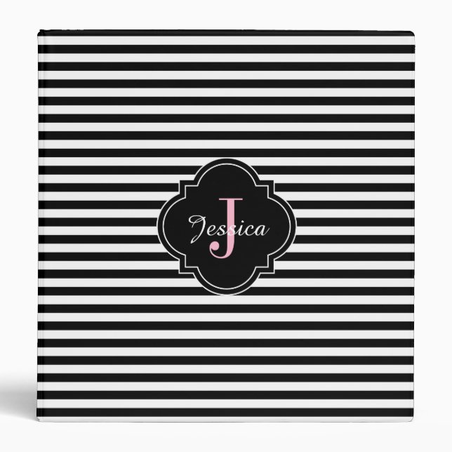 Black and White Stripes Pink Monogram School Binder (Front)