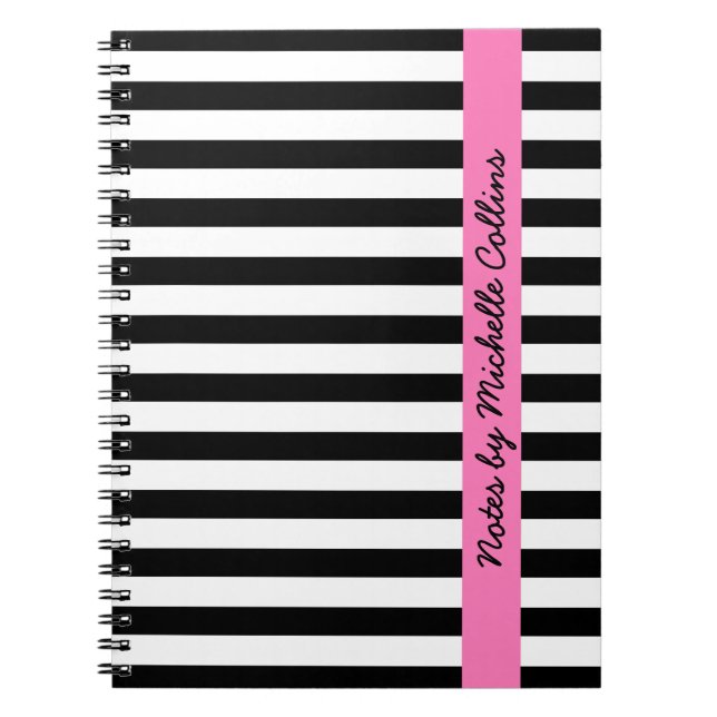 Black and white stripes pink personalized name notebook (Front)