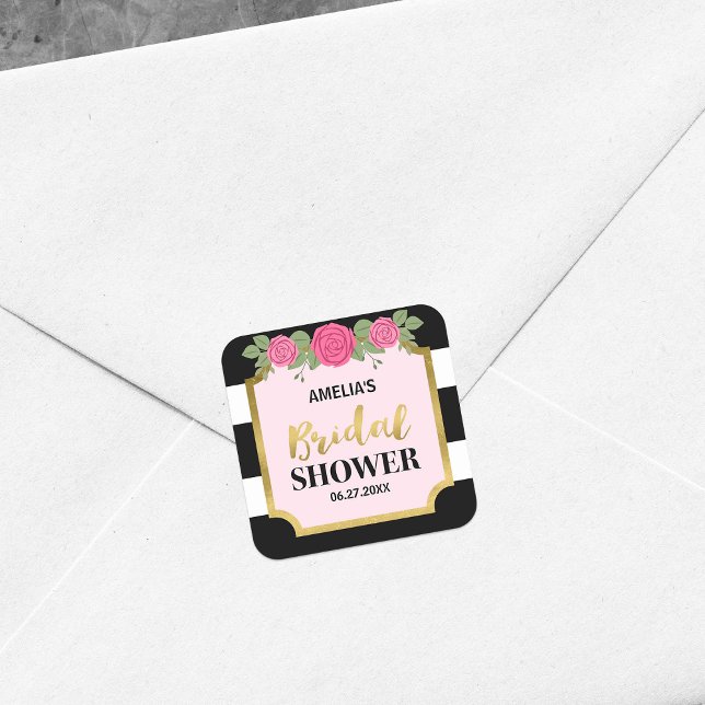 Black and White Stripes Pink Roses Bridal Shower Square Sticker (Creator Uploaded)