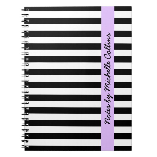 Black and white stripes purple personalized name notebook (Front)