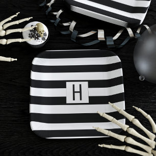 Black and White Stripes Simple Monogrammed Paper Plate