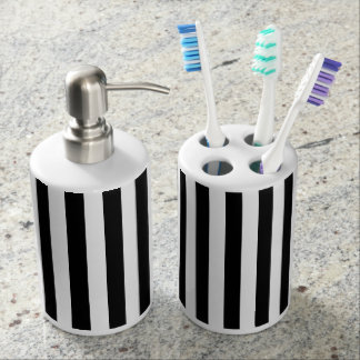 Black and White Stripes Soap Dispenser And Toothbrush Holder