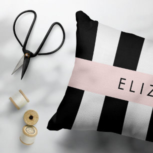 Black and White Stripes, Striped, Lines, Your Name Accent Pillow