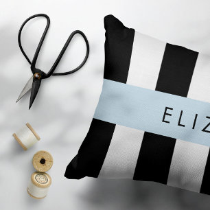 Black and White Stripes, Striped, Lines, Your Name Accent Pillow