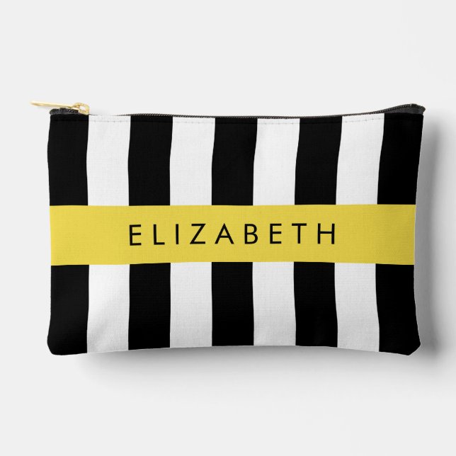 Black and White Stripes, Striped, Lines, Your Name Accessory Pouch (Front)