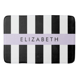 Black and White Stripes, Striped, Lines, Your Name Bath Mat