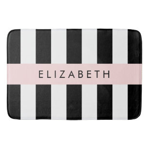 Black and White Stripes, Striped, Lines, Your Name Bath Mat